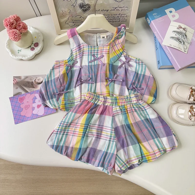 

New Product2025Summer Girls' Beach Vacation Style Colorful Ruffle Sleeveless Tank Top and Shorts Two-Piece Set