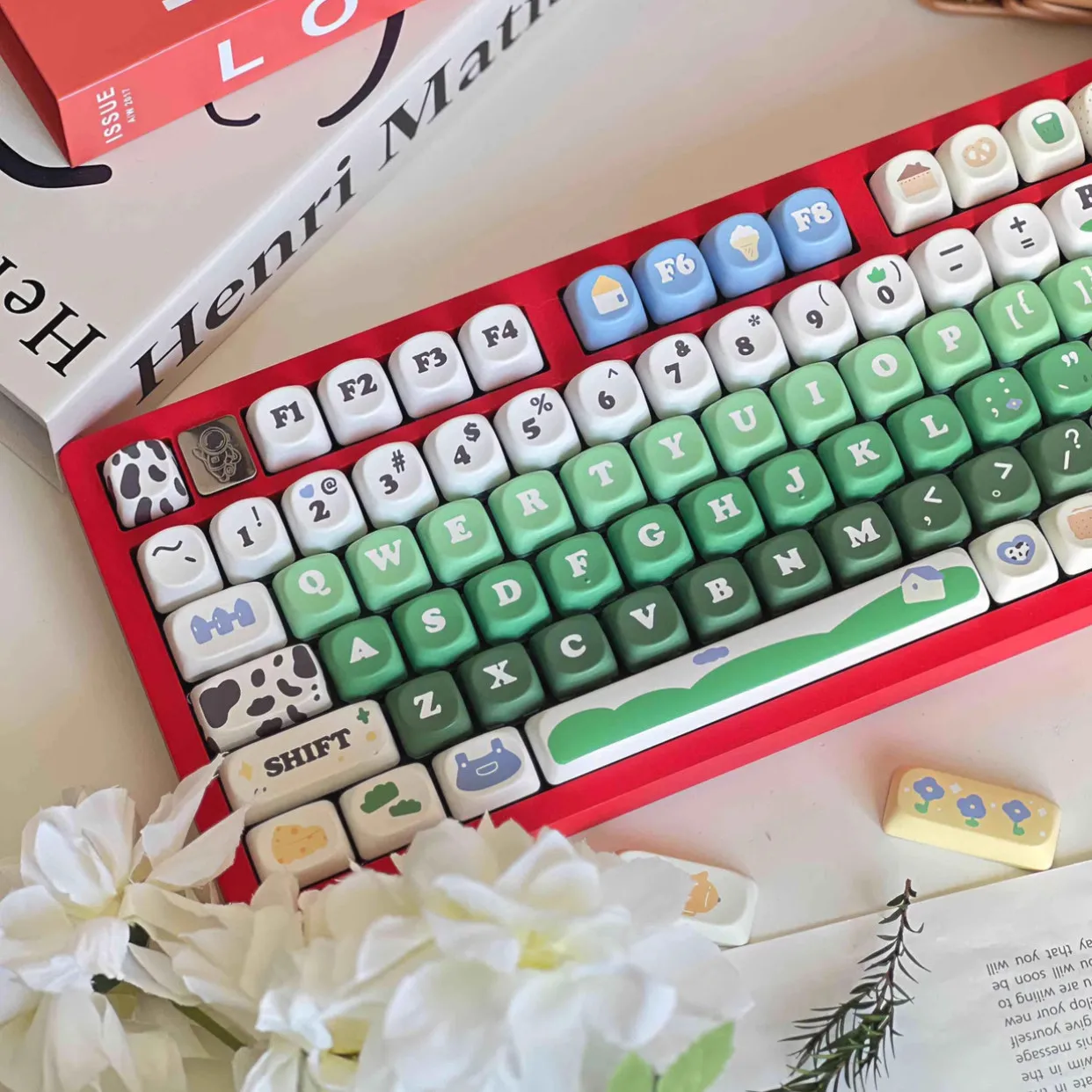 MAIMOOO Dairy Cow Pasture Keycap MOA Profile PBT Thermal Sublimation Cartoon Cute Green Keycaps for Mechanical Keyboard Gifts