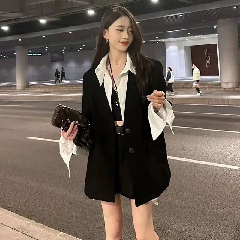 Korean Style Lapel Patchwork Long Sleeved Shirt Blazer Casual Shorts Two-piece Set Fashionable Women\'s Shorts Set