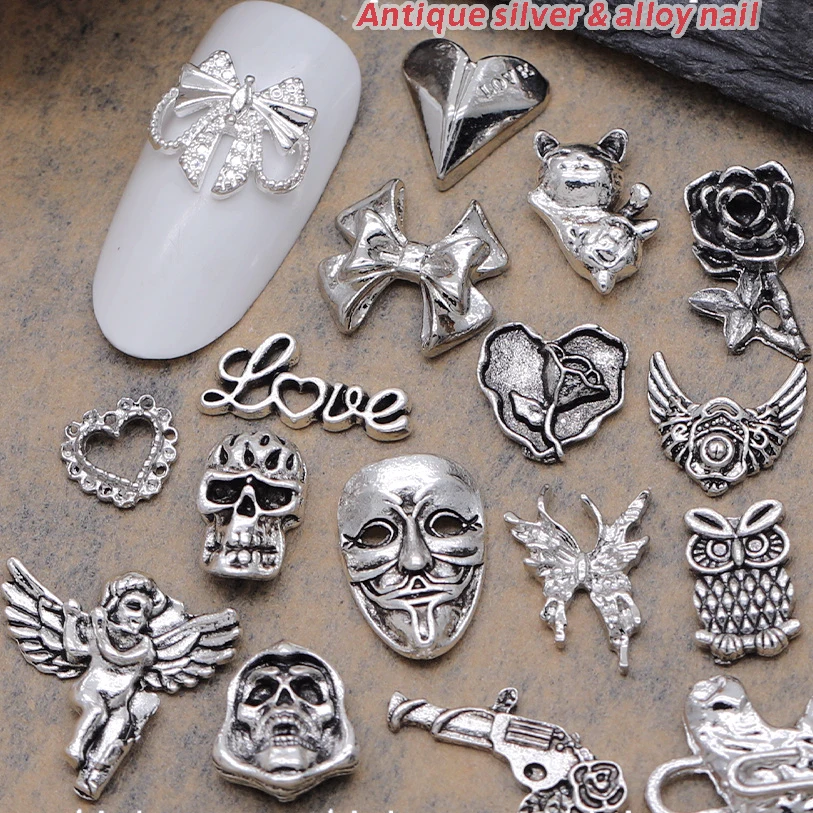 

20PCS Ancient Silver Punk Nail Art Charms Accessories Parts For Halloween Manicure Deco Retro Nails Decoration Supplies Material