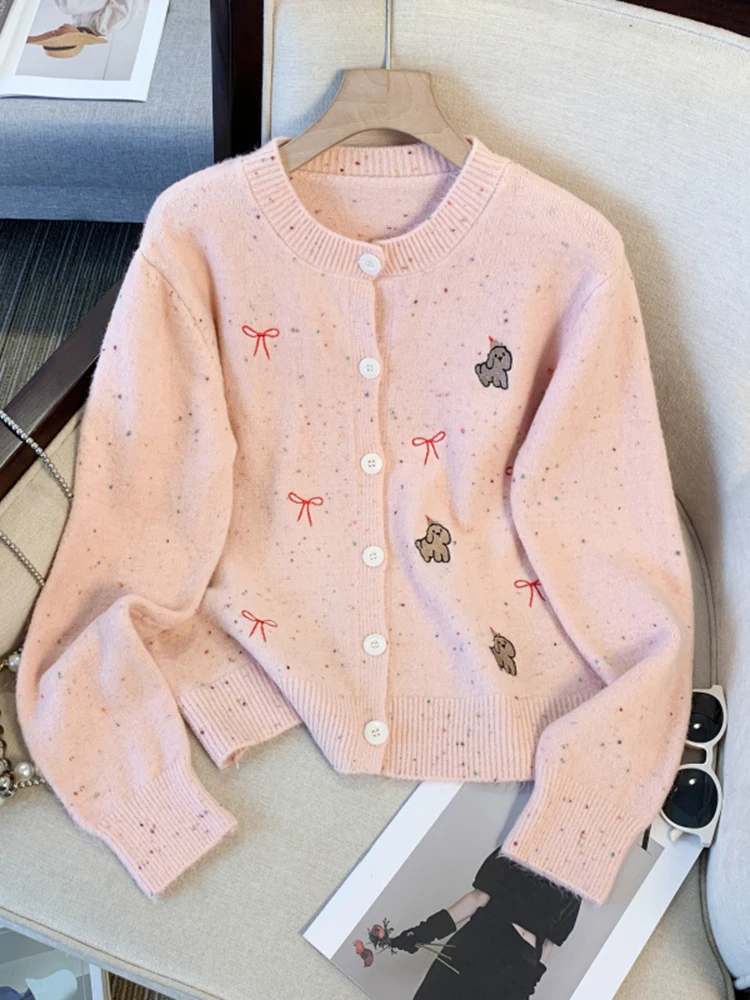 

New Winter Casual Solid Color Long Sleeved Women's Round Neck Knitted Cardigan Korean Fashion Women Embroidered Sweater Jacket