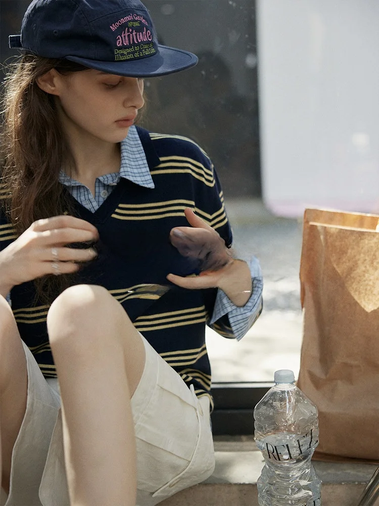 

Женский шерстяной свитер Relez с V-образным вырезом, в полоску, вязаный, с длинным рукавом, свободного кроя, повседневный, осенняя новинка