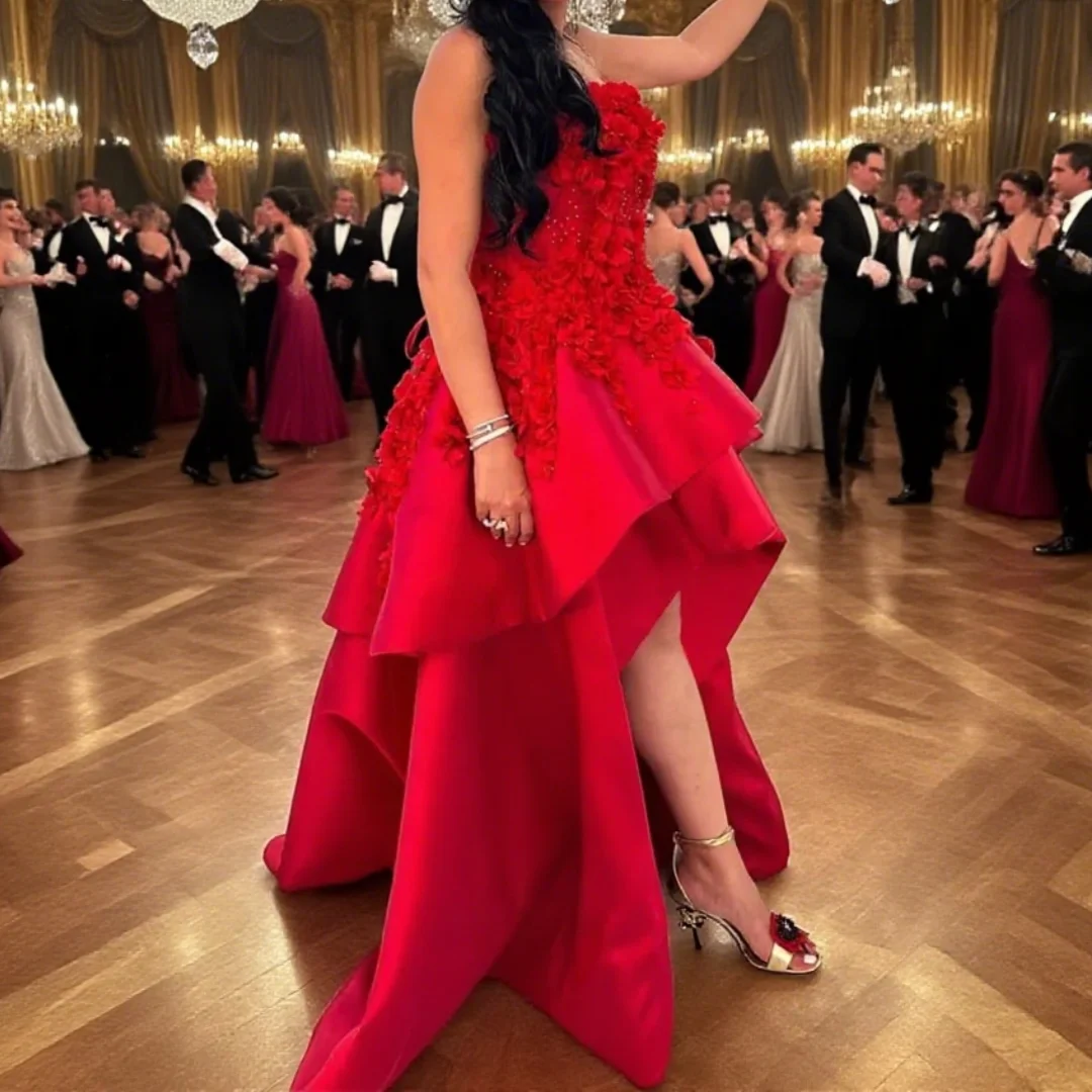 Elegant Evening Dresses Appliques Sleeveless High-Low Strapless Beads Birthday Party Prom Gowns Saudi Evening Dress Customized