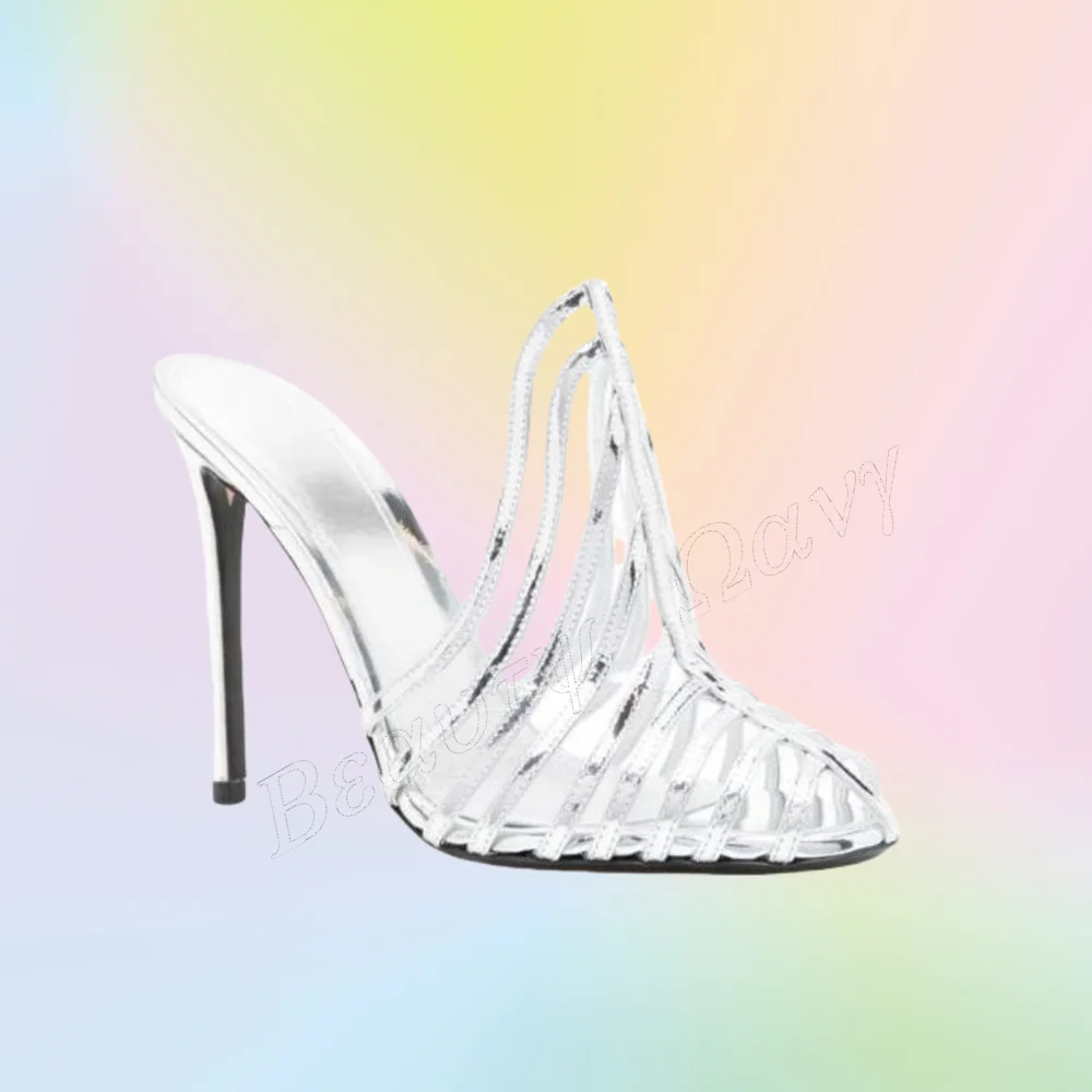 

Silver Side Hollow Sandals Back Cut Heels Buckle Round Toe Thin Heel High Shoes for Women Wedding Shoes 2025 Zapatillas Mujer