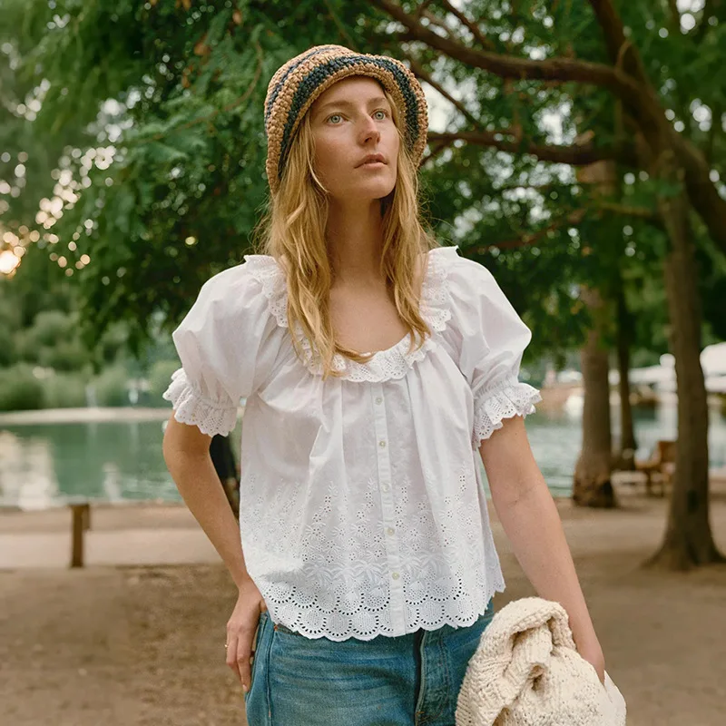 

Withered 2026 Summer Pure Pressed Pleated Lace Large Round Neck Starfish Fan-shaped Embroidered Hollow Top Woman Clothes Shirts