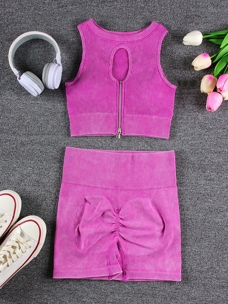 NORMOV Zipper Yoga Sets Seamless 1/2 PCS Sports Suits 2023 Summer Gym Set Women Wash Fitness Set Running Bra High Waist Shorts