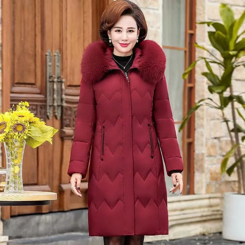 

2023 Autumn Winter Middle-aged Elderly Down Jacket Long Style White Duck Down Thick Warm Slim Fox Fur Collar Hooded Coat Female