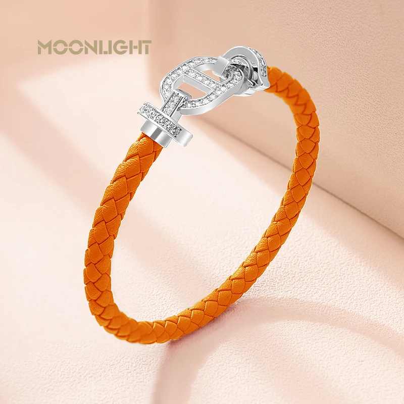 MOONLIGHT Fashion Classic Pig Nose Shape Leather Braided Bracelet for Women Cubic Zirconia Bracelet Hand-woven Jewelry Gifts