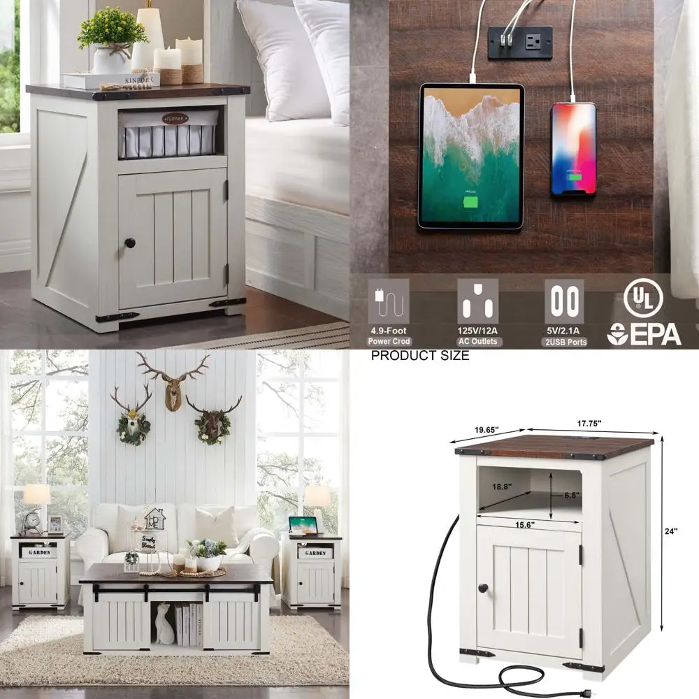 

Rustic Wood Nightstand with Charging Dock, 20-inch Barn Door Accent End Table, Wooden Sofa Side Table with Open Shelf and Storag