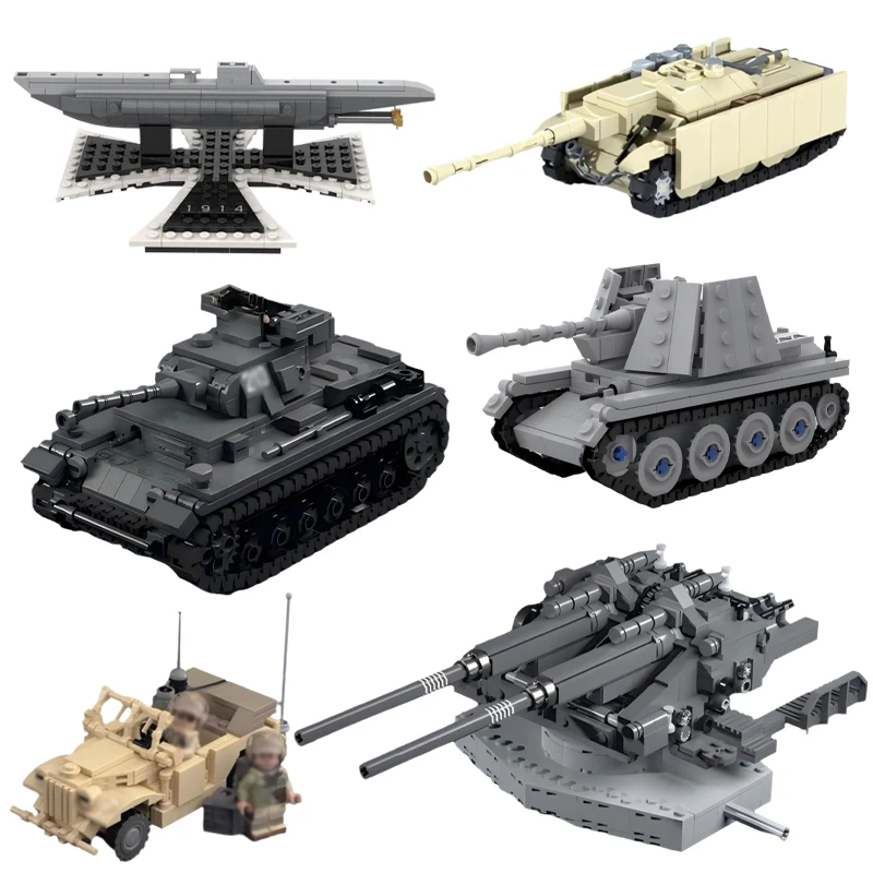 

WW2 Военная серия Немецкий танковый разрушитель Строительный блок MOC Двойной антиавиационный пистолет IIB Модель подводной лодки Детские сборные игрушки Подарок