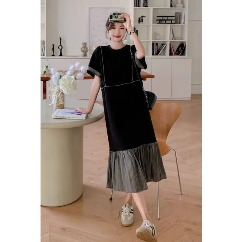 Women's Plus Size Maternity Midi Dress Color Block Pleated Hem Loose Casual Summer Dress