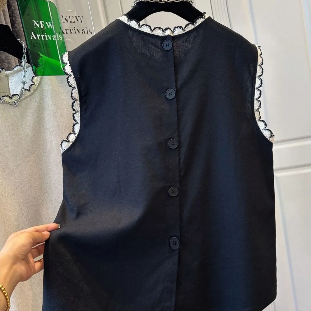 

Однотонный женский продвинутый простой свободный кружевной лоскутный вязаный крючком милый жилет меньшинств однобортный универсальный