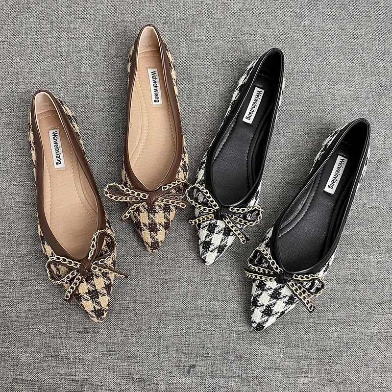 Pointed Flat Women's Shoes 2024New Houndstooth Bow Ladies Shoes Comfortable and Versatile Soft Bottom Four Seasons Work Shoes