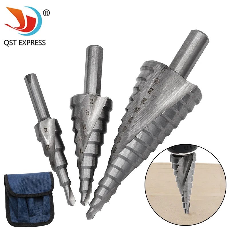 

High Speed Steel 4241 Triangular Handle Silver Spiral Groove Step Drill Pagoda Drill 4-12 / 4-20 / 4-32mm White Drill