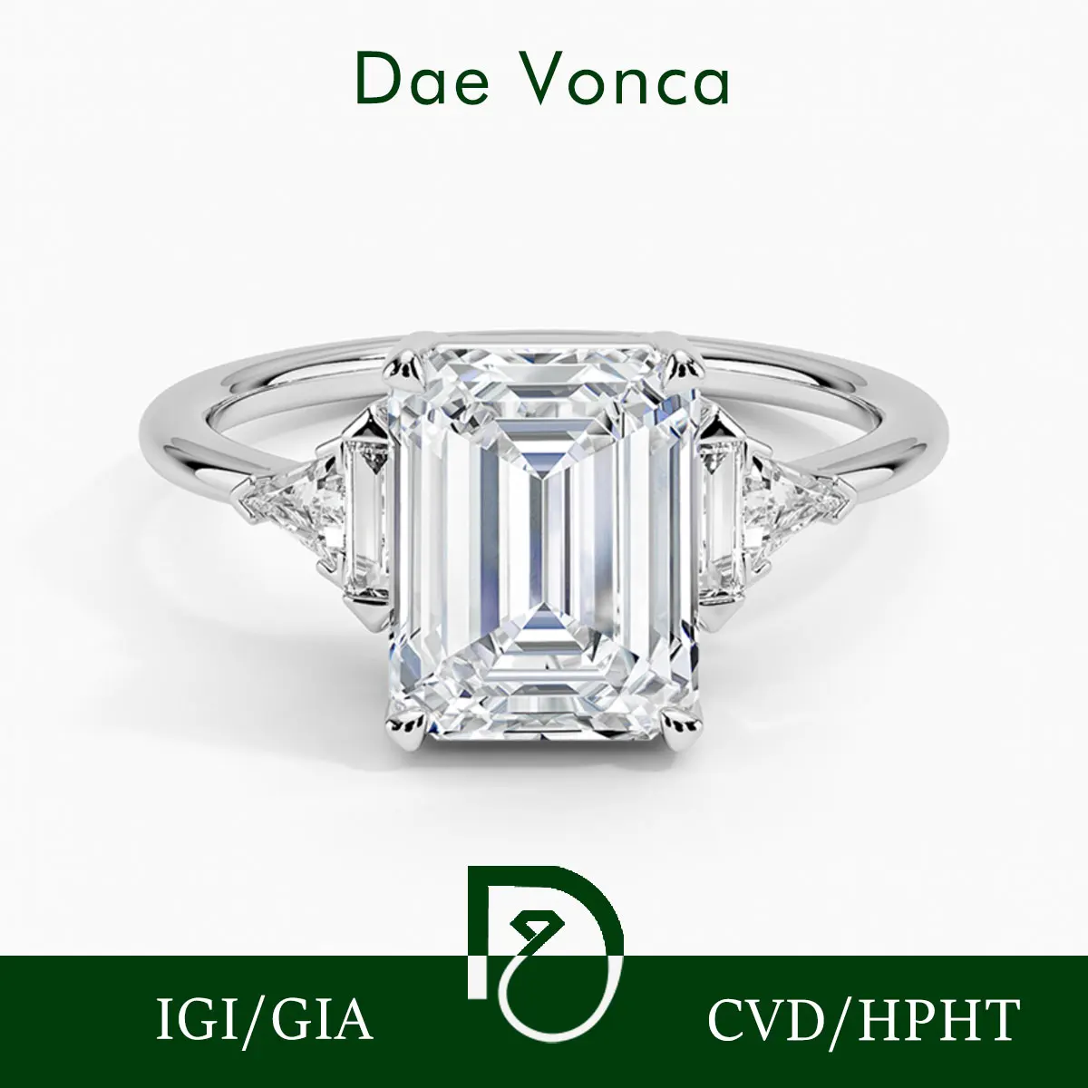 

Pt950/14K/18K White Gold Five Stone Lab Grown Diamond Ring Emerald Cut Center Baguette & Triangle Accents Art Deco