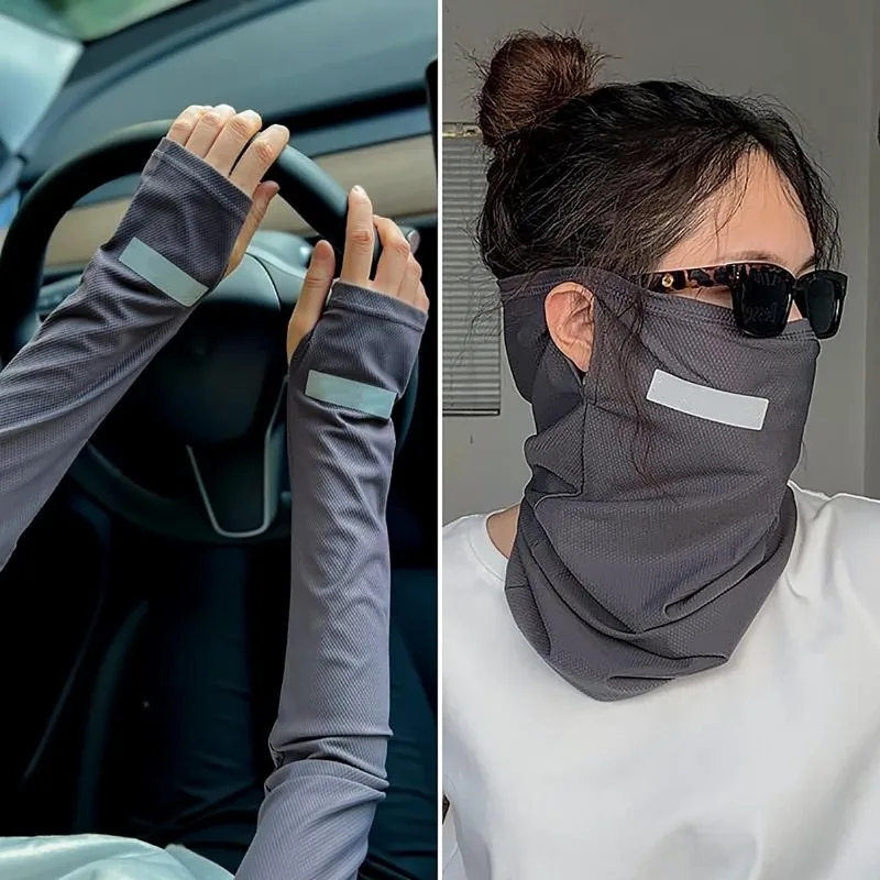 

1set UV Protection Neck Gaiter Sun Arm Sleeves Set,Cooling Face Neck Mask and Ice Silk Arm Sleeves,Summer Essentials