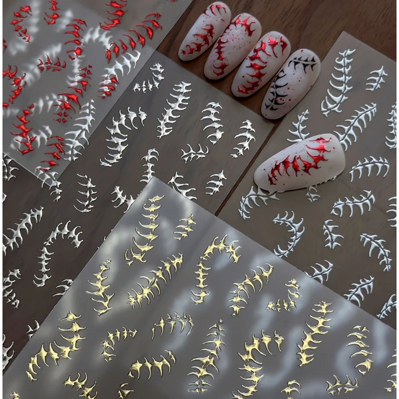 5D Embossed Metal Spine Bone Nail Stickers Gothic Skeleton Strip Self-Adhesive Decals Cool Halloween Horror Manicure Accessories