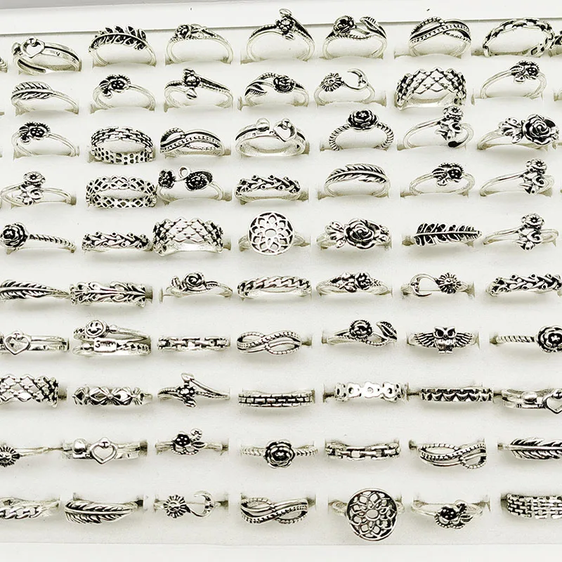 30pcs/Lot Factory Wholesale Finger Rings For Women Vintage Silver Plate Smile Face Jewelry Carved Hollow Flower Ring Girl Party