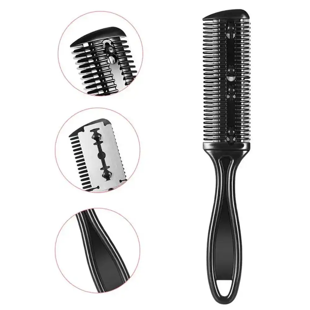 Hair Cutting Comb with Razor Blades Dual Side Hair Trimmer for Bangs Thinning Haircut Tool Portable Home Barber Styling Brush