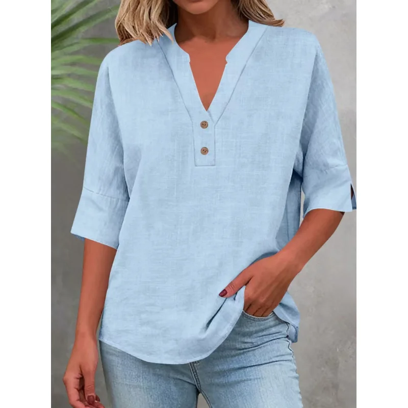 Women's-style Half-placket Shirt, Wooden Buttons, Drop Shoulder Sleeves That Cover Flesh And Make You Look Slimmer