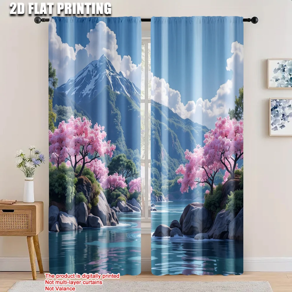 

2pcs, 2D flat printing Window Curtains mountain and trees Versatile Polyester,Without Electricity Festive Backdrops Perfect for