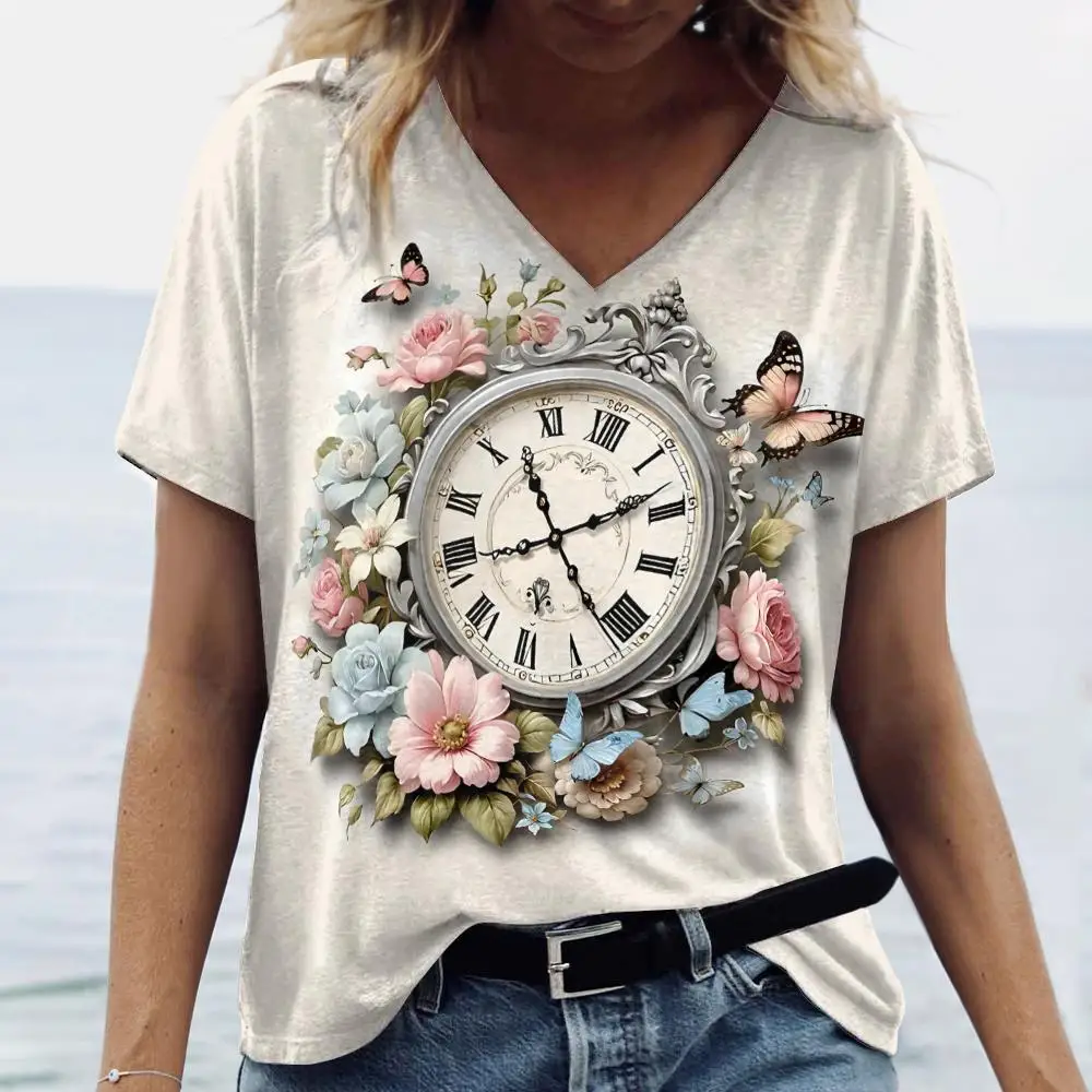 Women's T Shirt Fashion Clock Pattern Print Summer Short Sleeve Oversized Clothing Street Casual V Neck Pullover Female T-Shirts