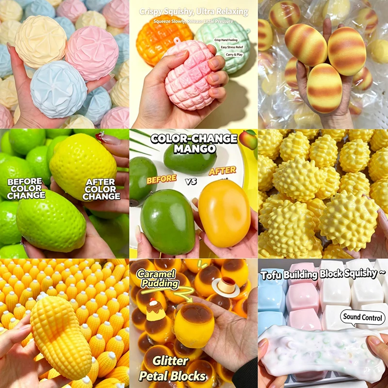 Crispy Building Block Pineapple Bun Furit Mango Lemon Stress Ball Squishy Toy Squeeze Crunchy ASMR Sound Heal Relax Autism ADHD