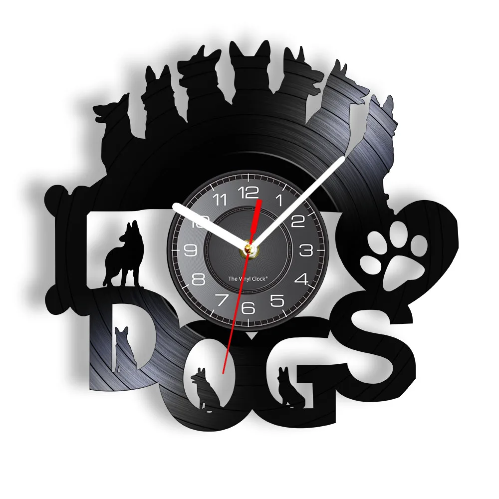 Me encantan los perros, perro romántico, cita de amor, disco de vinilo, reloj de pared para discoteca, silueta de perros cachorros, artesanía cortada con láser, arte de pared, decoración del hogar