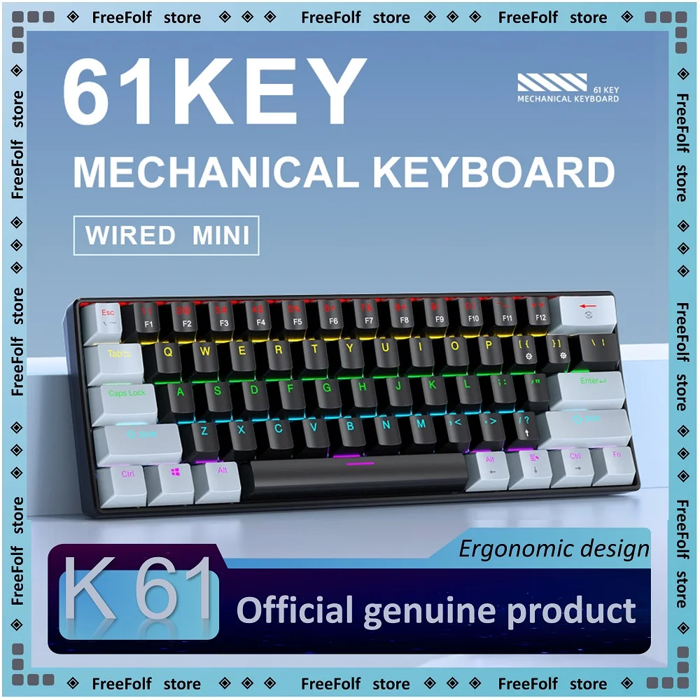 

APAYADO K61 Mini 60% Gaming Keyboard 61-Key, Wired, Portable, RGB Lighting, Red/Blue Switch, Black/White/Red Colors