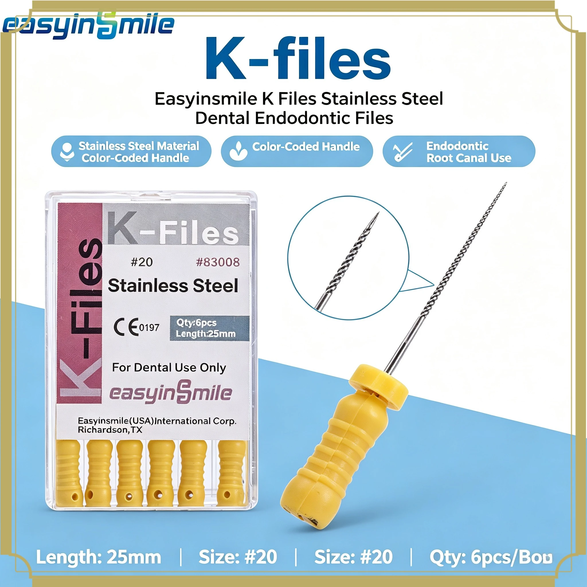 Dental K Files Endodontic Easyinsmile Stainless Steel Root Canal File Hand Use #6 #8 #10  #15-40 #45-80 21/25/31MM
