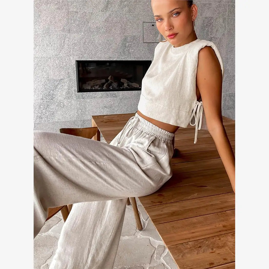 

Summer 2023 Women's Loose Cotton Linen Set Casual Faion Svel Top And Long Pants Two-Piece Suit Comfortable Breathable