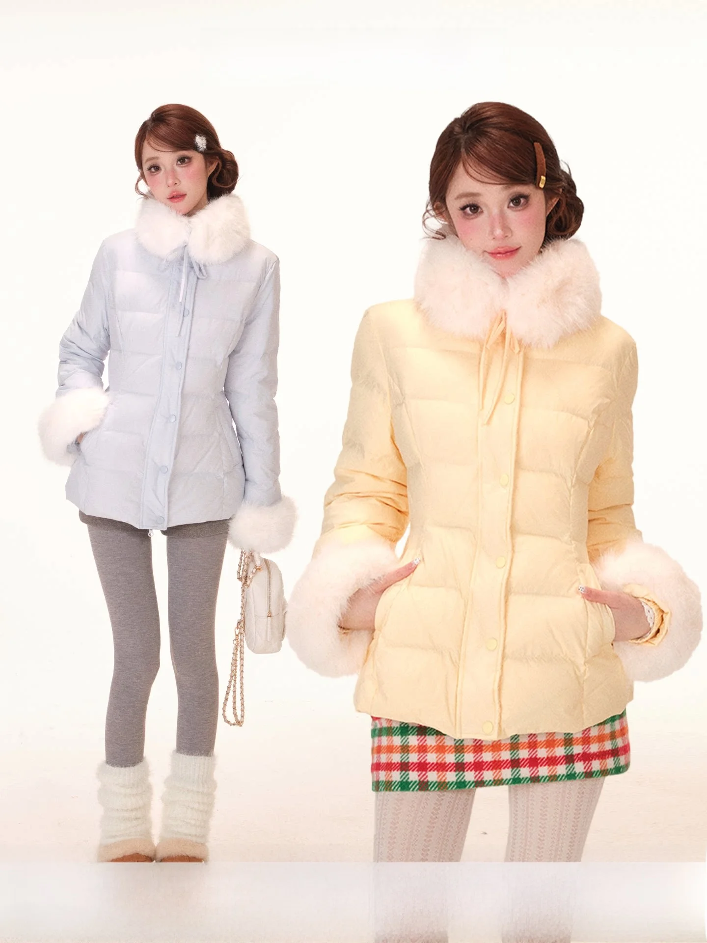 

Nordic First Snow 90 White Du down Faux Fur Cuffed Sve Detachable Winter Coat Slim Fit Long Sve Warm Thiened Zipper