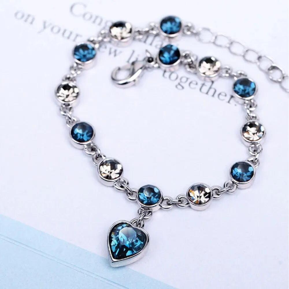 Frauen Silber Farbe Glück Armband Weibliche Blaue Kristall Herz Charme Pulseras Armband Braut Hochzeit Engagement Edlen Schmuck Geschenk