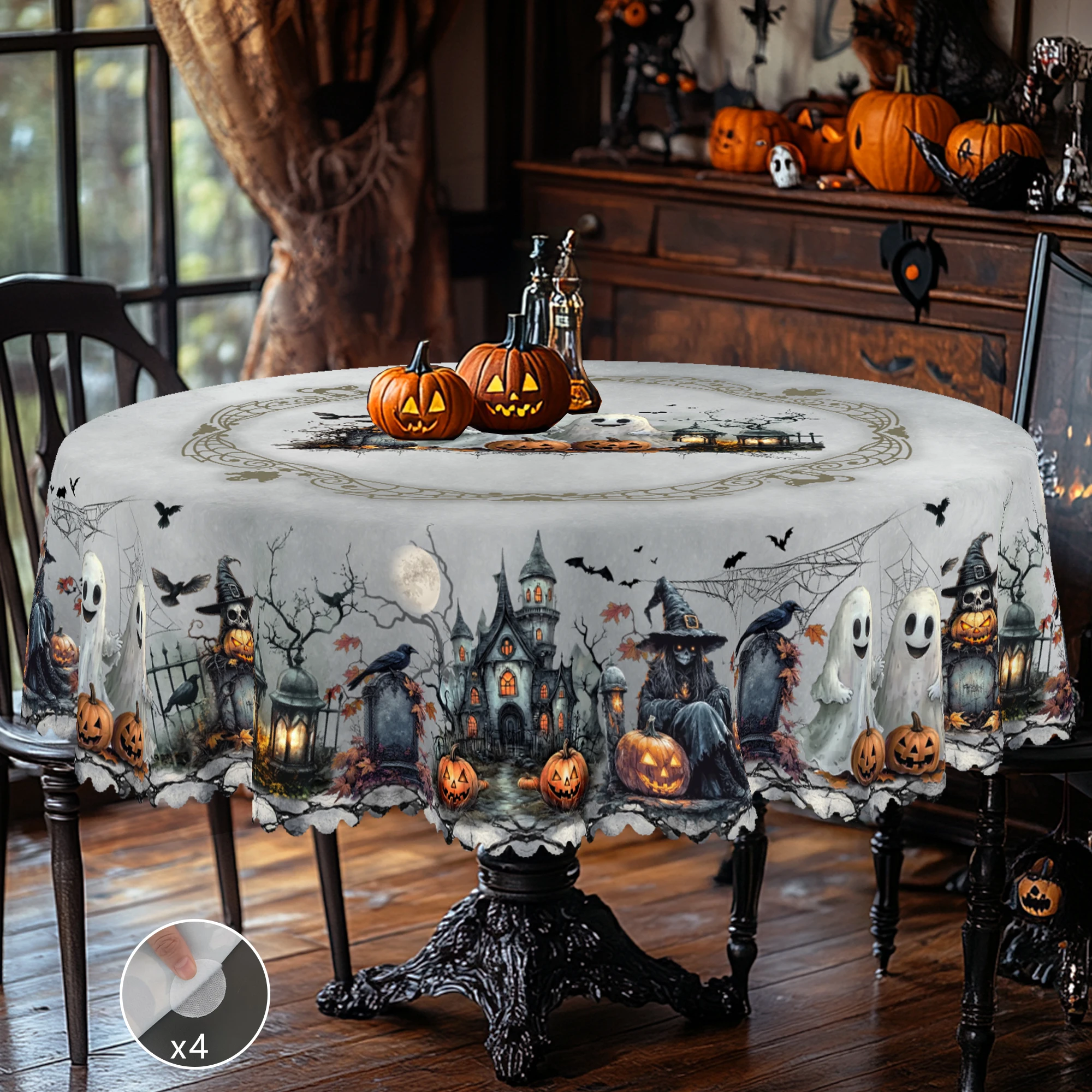 1 Halloween Themed Printed Tablecloth, Various Sizes, Witch and Pumpkin Lantern Printed Patterns, Party Tablecloth Decoration, as a Gift for Loving Funny Friends and Lovers, Suitable for Indoor and Outdoor Use in Halloween, Kitchen, Restaurant Terrace