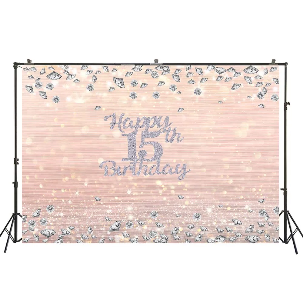 

Girl Happy 15th Birthday Party Background Glitter Pink Champagne Diamonds Shimmer Lights 15 Years Old Bday Cake Table Backdrop