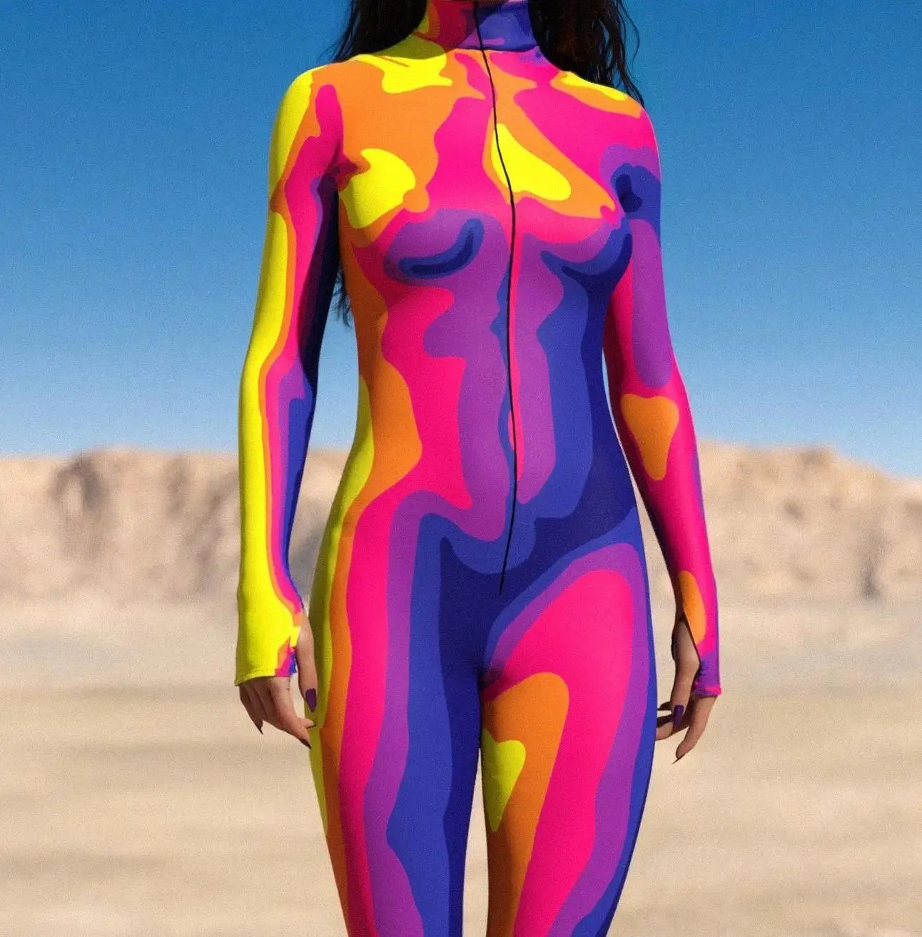 Halloween Bunter 3D-Druck Damen-Jumpsuit Erwachsener Sexy Rollenspiel-Bodysuit Party Bühnenauftritt Monos Catsuit Rave-Outfit – Detail 24