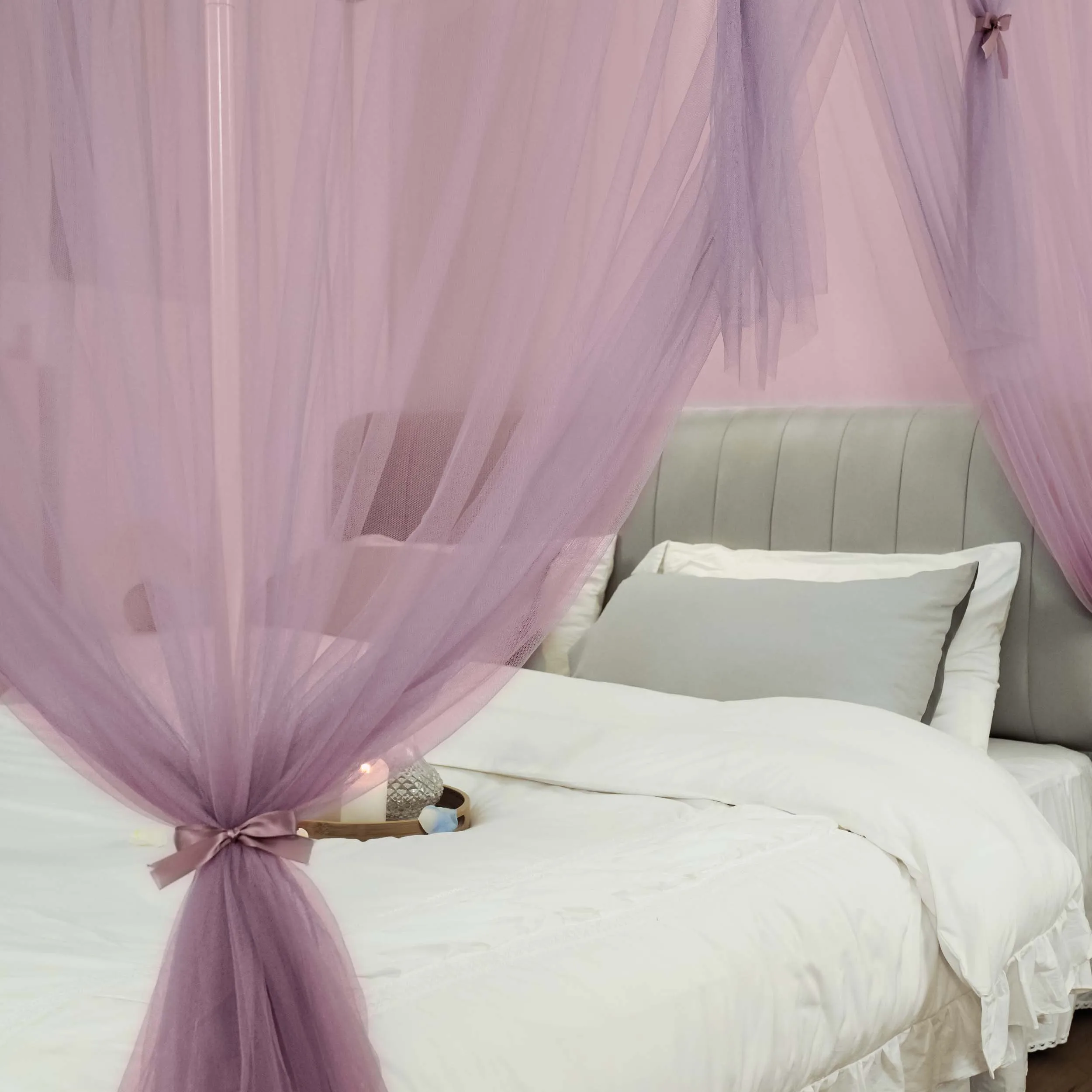 Pink Mosquito NET for Bed Canopy Four Corner Post Curtains Bed Canopy Elegant Mosquito Net Set Twin/Queen/King for Girls & Adult