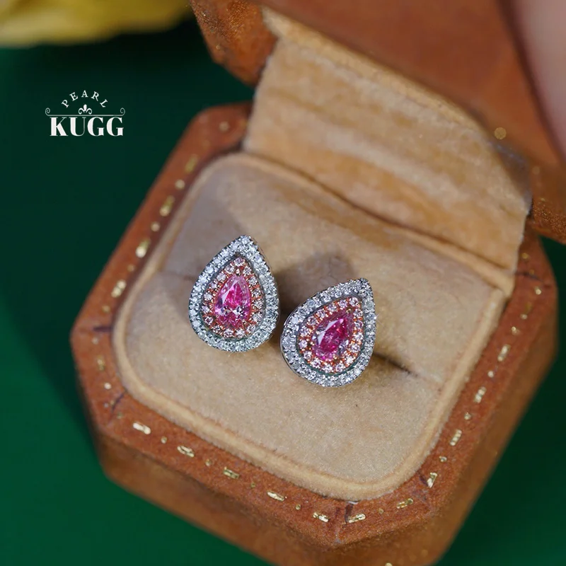 KUGG 100% 18K White Gold Earrings Elegant Water Drop Shape Real Natural Pink Diamond Stud Earrings for Women High Party Jewelry