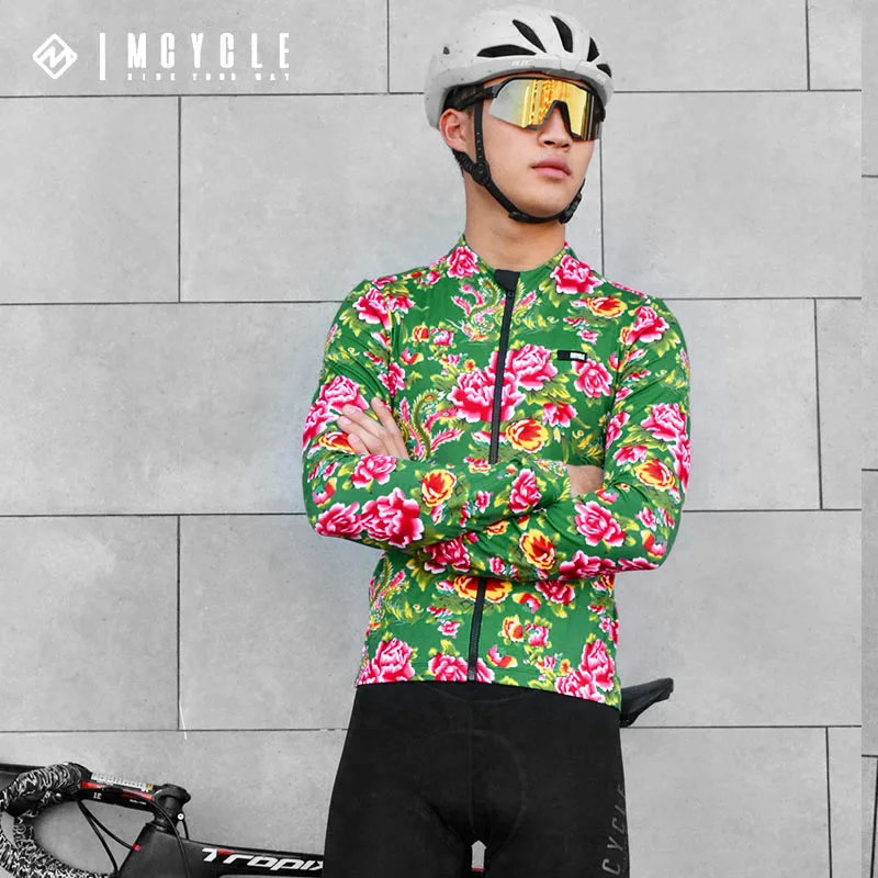 Jersey de ciclismo MTB para homens, velo térmico, roupas esportivas quentes, tops de bicicleta, mangas compridas, flores, roupas de bicicleta