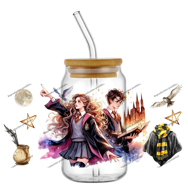 New Design Magic School Wizard UV DTF Wraps Fantasy Castle & Owl Stickers for 16oz Glass Cans Waterproof DIY Decals Customizable