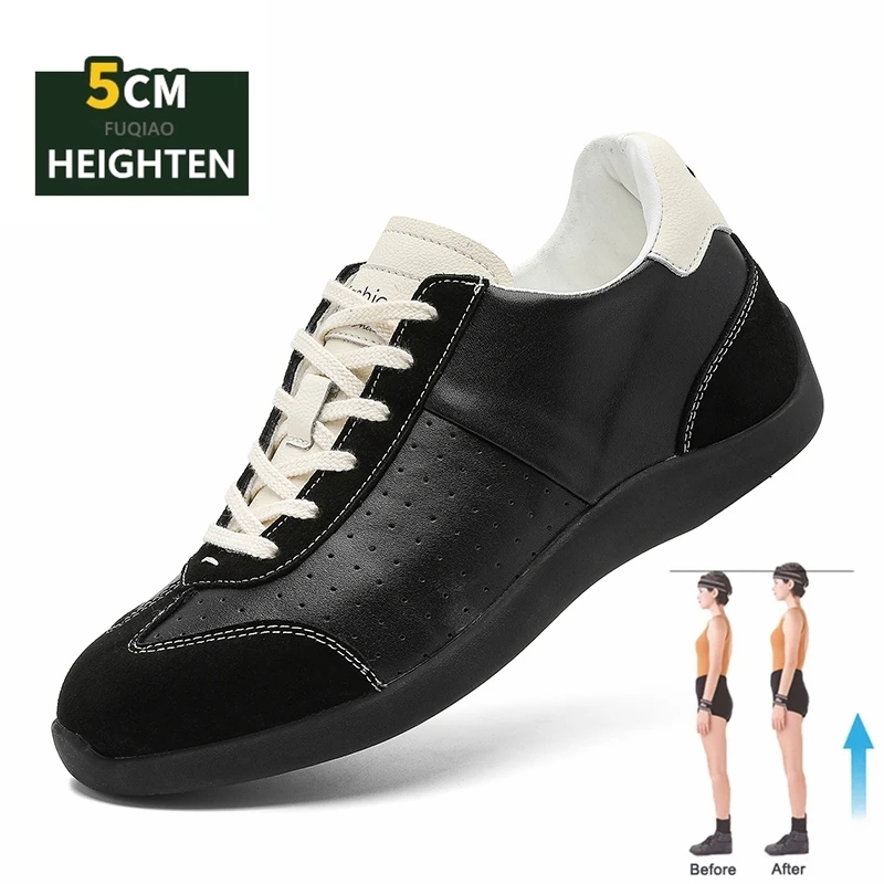 5cm Hidden Lift Sneakers Unisex Genuine Leather Ballet Training Shoes Casual Height Increase Fashion Sports Elevator Shoes