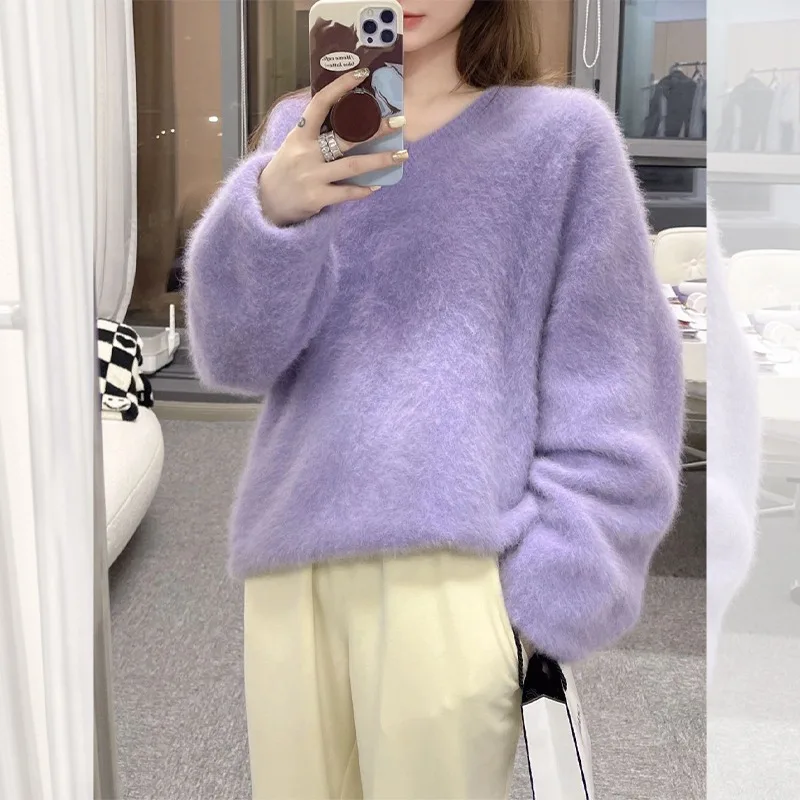 Lazy Style Yellow Soft Mohair Knitted Loose Sweaters Tops New Fall Winter Women Long Sleeve V Neck Thick Warm Oversize Pullovers