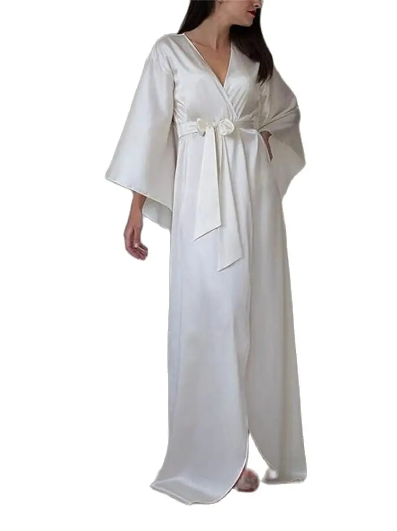 White Women's Wedding Wraps Kimono Robe Long Satin Bathrobe Soft Sleepwear with Lace Trim Silky Nightgown Bridal Robe