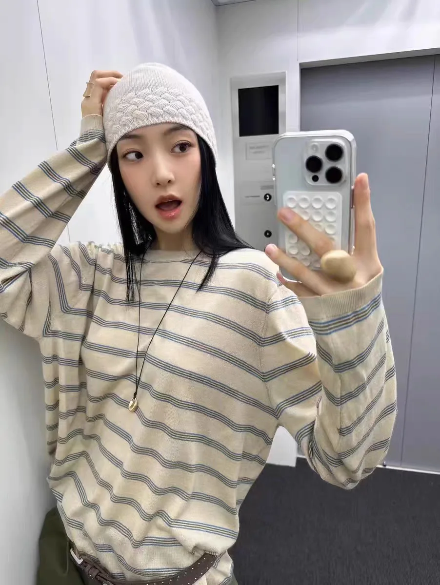 

Свободный крой в стиле ретро, круглый полосатый шерстяной шелковый вязаный свитер, женский модный Ele Sle Long Sve, повседневный удобный топ