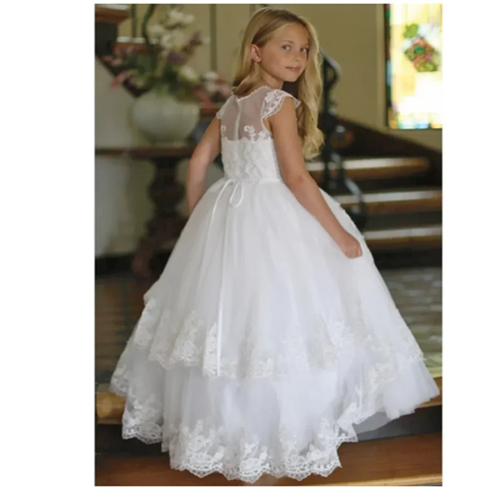 White Birthday Flower Girl Dresses Tulle Appliques Lace Hem Short Sleeve For Wedding  Party Banquet First Communion Gowns