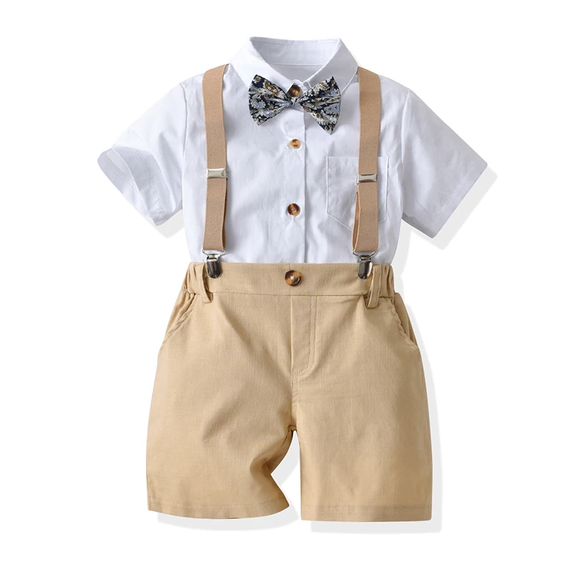 Kids Boy Gentleman Clothing Set Short Sleeve Shirt + Suspenders Shorts Short Toddler Boy Outfits For Wedding Party Dress Outfits