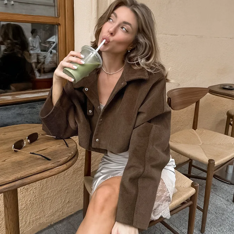 

Corduroy Vintage Crop Jackets Solid Lapel Neck Coat 2025 Autumn Winter New Popular Streetwear Casual Office Lady Outerwears