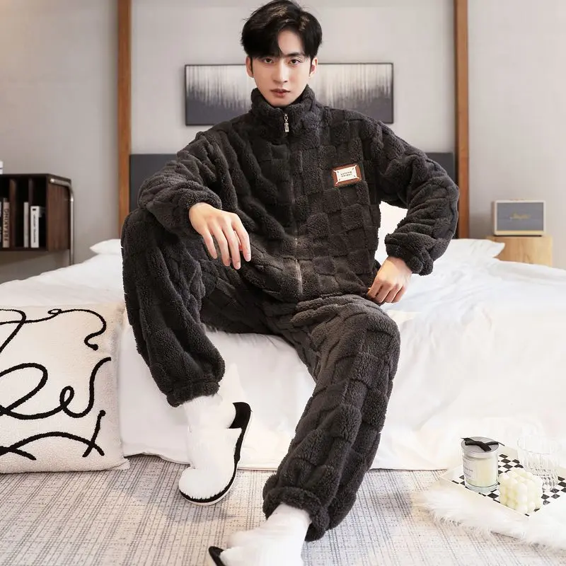 Zipper Pajamas for Men Fleece Winter Sleepwear Korean Sleeping Night Wear Solid Pijama 2 Pcs Pants Sets Warm Home Suit 2024 New