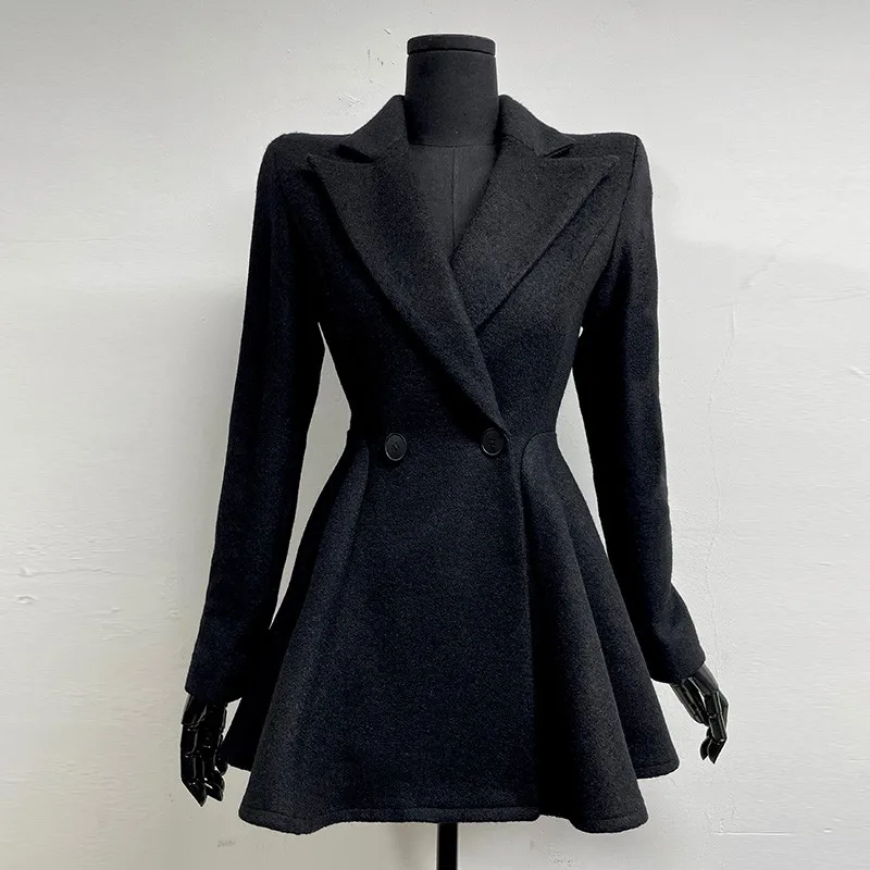 

French Style Waist Slimming Woolen Suit New Korean Fashion Commuter Slim Fit Black Mid Length Woolen Suit Coat Women Clothing