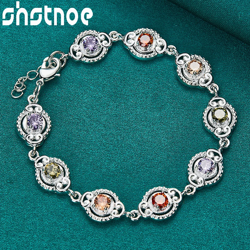 SHSTONE 925 Sterling Silver Multicolor AAA Zircon Chain Charm Bracelet For Women Party Valentine\'s Day Gift Lady Fashion Jewelry